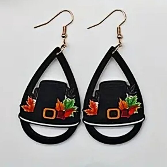 NEW Pilgrim Hat Fall Thanksgiving Wooden Dangle Earrings - Picture 1 of 2